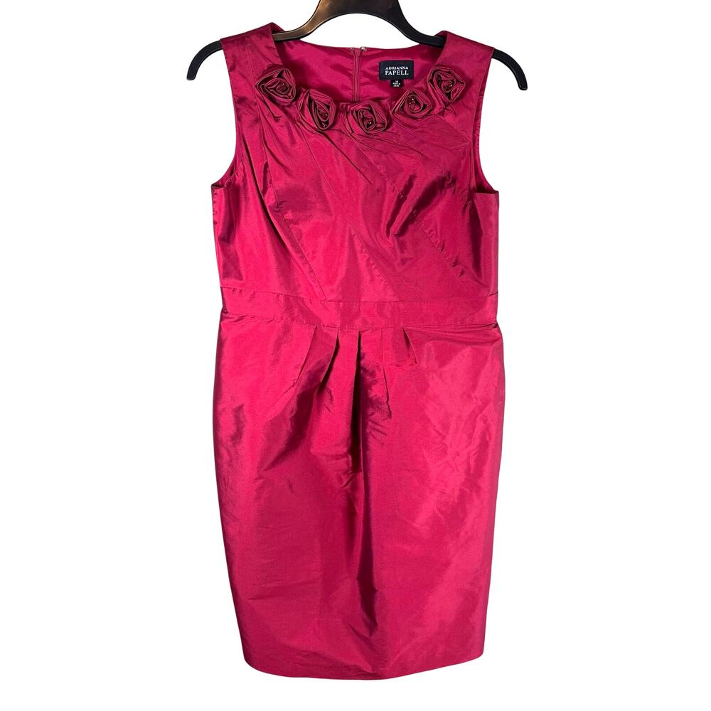 Adrianna Papell Rosette Pleated Red Cocktail Dress Women's 14 Party Holiday Glam